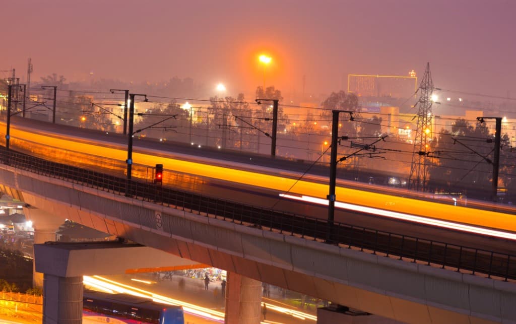 Delhi Metro at night with light trails